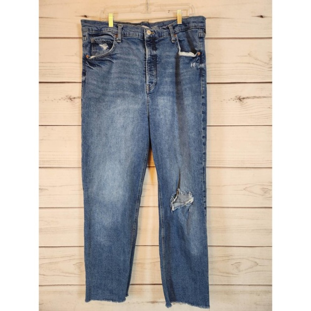 Old Navy Women's Blue Cotton Distressed High Rise Raw Hem Straight Jeans Size 18